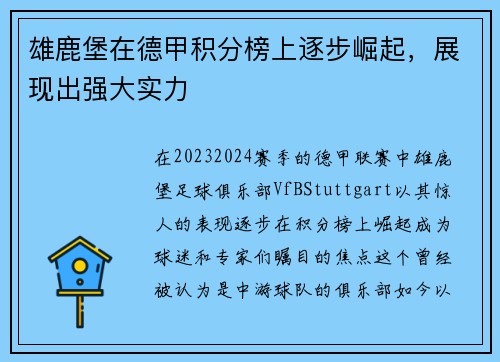 雄鹿堡在德甲积分榜上逐步崛起，展现出强大实力