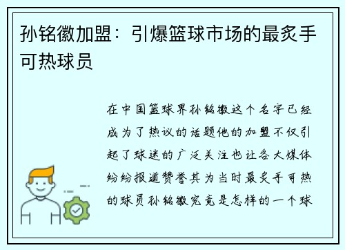 孙铭徽加盟：引爆篮球市场的最炙手可热球员